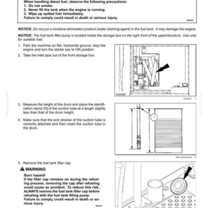 May include: Diagram of a fuel tank filler pump with safety warnings and instructions. Includes illustrations of pump components, a drum, and the fuel tank filler cap. Text includes warnings about fire and burn hazards.