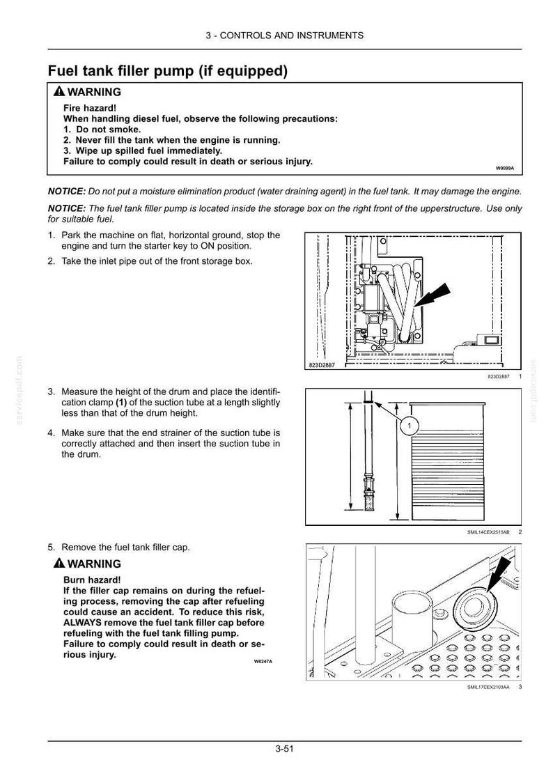 May include: Diagram of a fuel tank filler pump with safety warnings and instructions. Includes illustrations of pump components, a drum, and the fuel tank filler cap. Text includes warnings about fire and burn hazards.