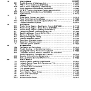 May include: A black and white printed table of contents for 970-1070 tractors, listing sections like Power Train, Brakes, Electrical, Accessories, and How It Works. The document is from Case Corporation.