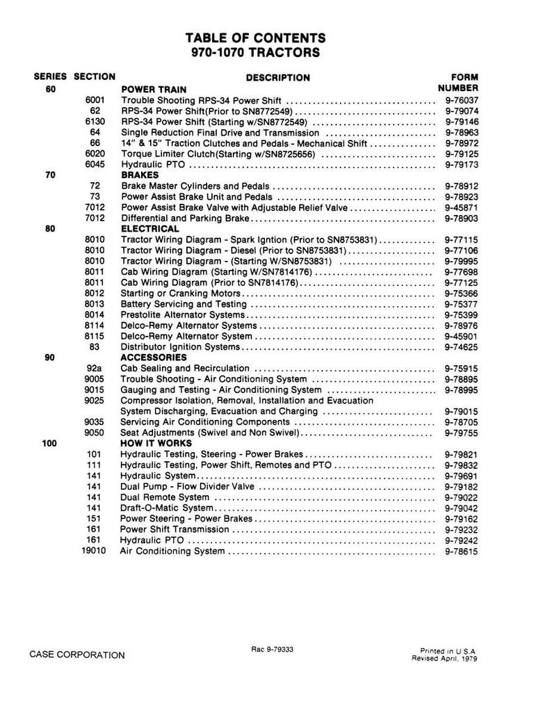 May include: A black and white printed table of contents for 970-1070 tractors, listing sections like Power Train, Brakes, Electrical, Accessories, and How It Works. The document is from Case Corporation.