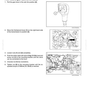 May include: Diagram of power shuttle transmission external controls, detailing gear and range cable adjustments. Includes illustrations of gear levers, nuts, and cable connections with numbered labels and instructions for adjustment.