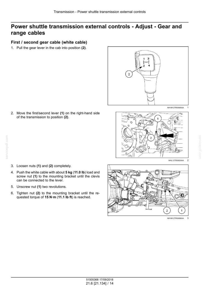 May include: Diagram of power shuttle transmission external controls, detailing gear and range cable adjustments. Includes illustrations of gear levers, nuts, and cable connections with numbered labels and instructions for adjustment.