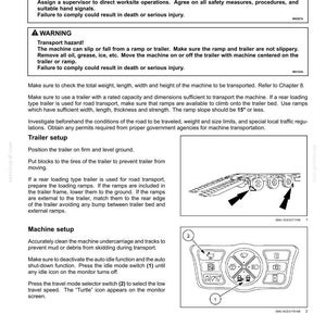 May include: A page from a manual detailing transport operations for a machine. It includes warnings, instructions for loading onto a trailer, and machine setup procedures. Diagrams show a trailer with ramps and a control panel with icons.
