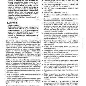 May include: A page titled 2-SAFETY INFORMATION containing Operating precautions. The text includes warnings regarding fire and impact hazards, instructions for machine operation, brake checks, and safety protocols for operating in various conditions.