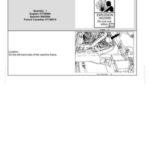 May include: A safety information page with a warning about explosion hazards. The image includes a warning symbol and text that reads "EXPLOSION HAZARD Do not use ether." The page also lists a quantity of 1 and part numbers.