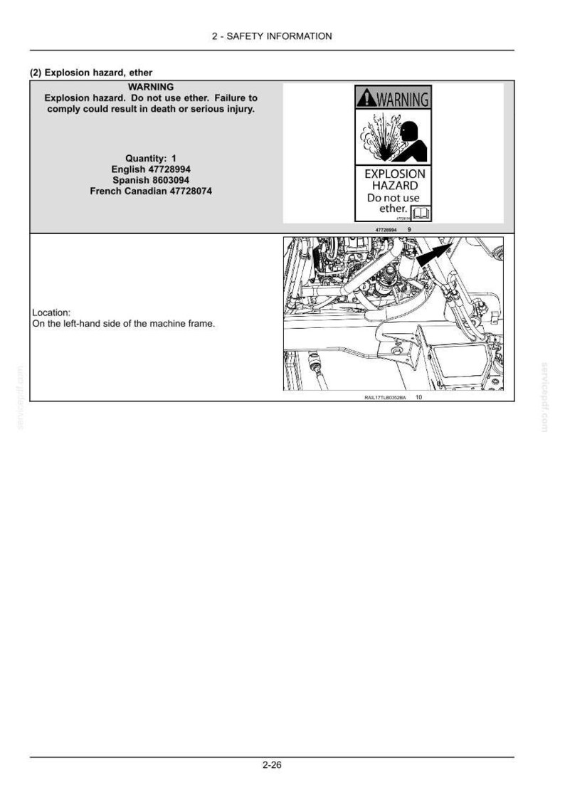 May include: A safety information page with a warning about explosion hazards. The image includes a warning symbol and text that reads "EXPLOSION HAZARD Do not use ether." The page also lists a quantity of 1 and part numbers.
