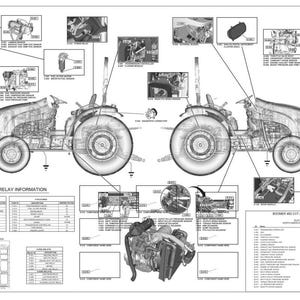 May include: Detailed diagram of a Boomer 40D CVT tractor, showcasing internal components and fuse/relay information. The image is in black and white, with labels pointing to various parts of the tractor's engine and systems.