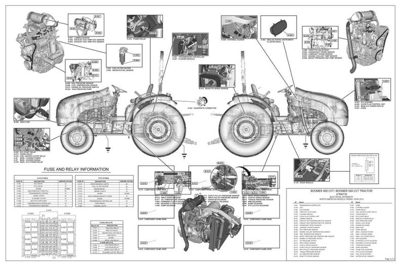 May include: Detailed diagram of a Boomer 40D CVT tractor, showcasing internal components and fuse/relay information. The image is in black and white, with labels pointing to various parts of the tractor's engine and systems.