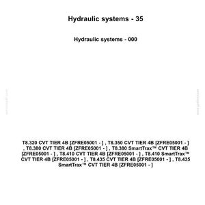 May include: A white document with the New Holland Agriculture logo. The text reads "Hydraulic systems - 35" and lists several hydraulic system models, including T8.320, T8.350, and T8.380.