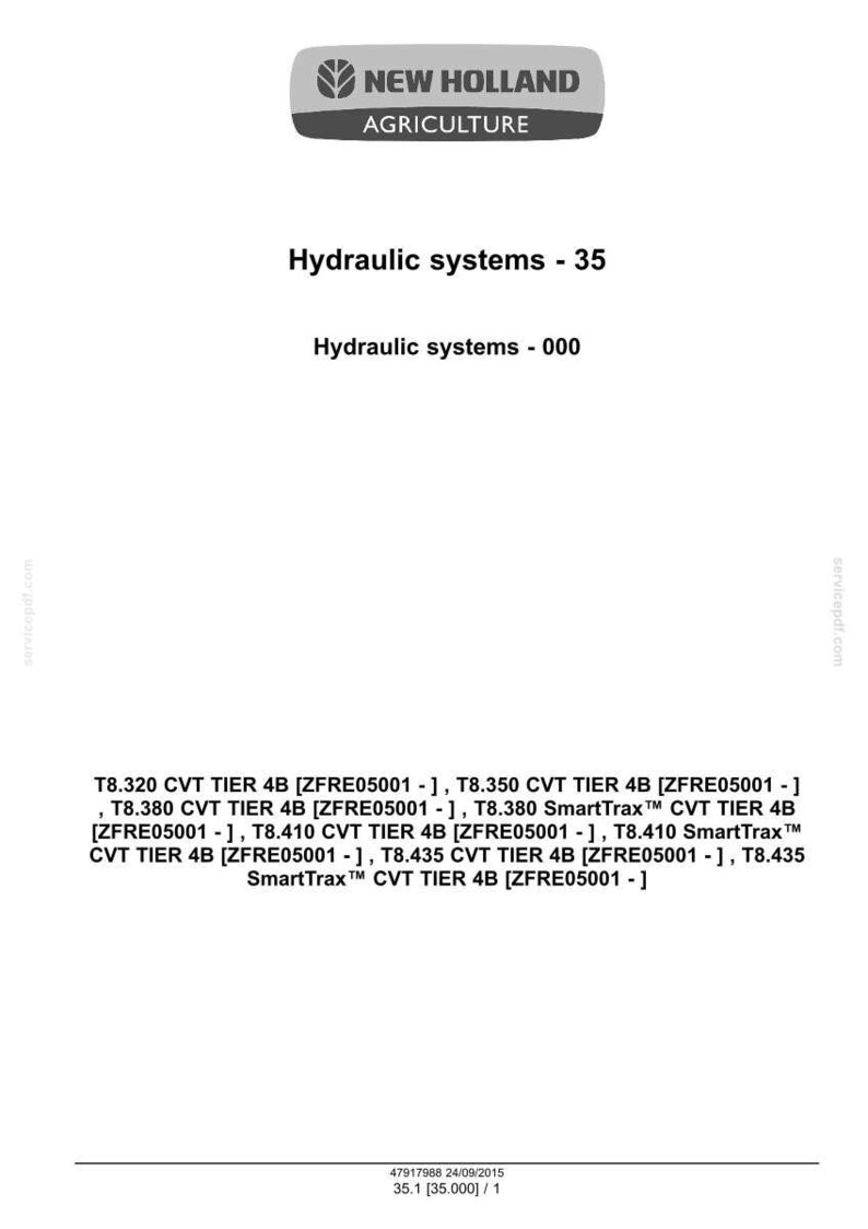 May include: A white document with the New Holland Agriculture logo. The text reads "Hydraulic systems - 35" and lists several hydraulic system models, including T8.320, T8.350, and T8.380.