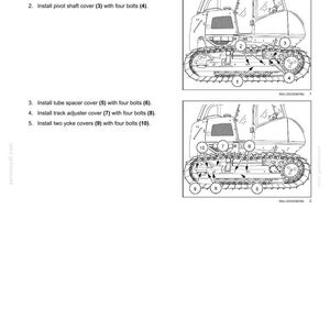 Pu&ograve; includere: Diagramma che illustra l'installazione delle protezioni dell'azionamento del cingolo, tra cui la protezione del cilindro di tensione, il coperchio dell'albero di rotazione, il coperchio del distanziatore del tubo, il coperchio del regolatore del cingolo e i coperchi della forcella. Il diagramma include parti numerate e posizioni dei bulloni.