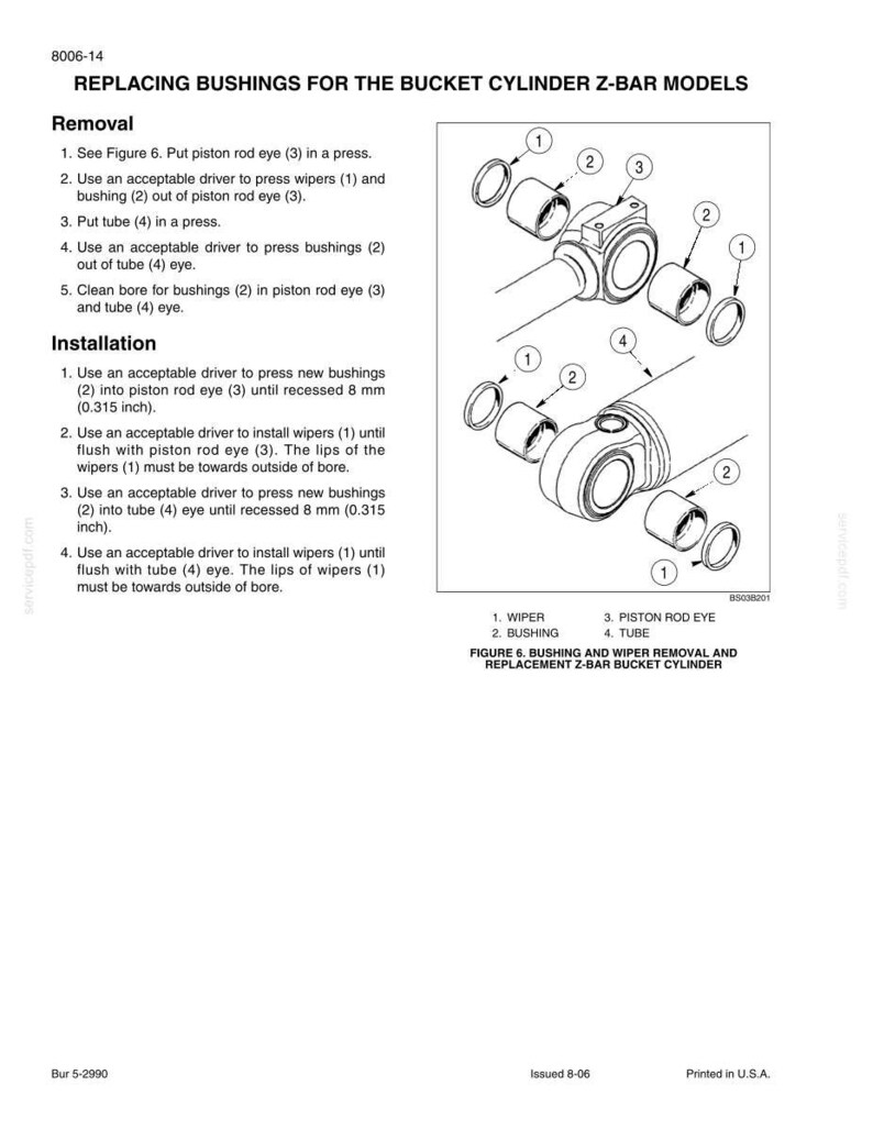 May include: Diagram illustrating the process of replacing bushings for the bucket cylinder Z-bar models. The image includes labeled parts such as wipers, bushings, piston rod eye, and tube. Instructions for removal and installation are also provided.