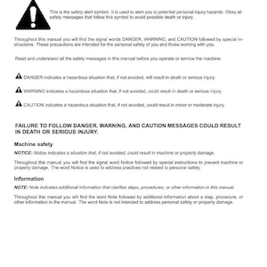 May include: A white document with black text detailing safety rules, personal safety, and machine safety. Includes the safety alert symbol and definitions for DANGER, WARNING, and CAUTION. The document also includes the word "NOTICE" and "NOTE".