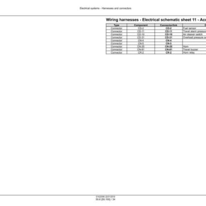 May include: A white page with the title "Wiring harnesses - Electrical schematic sheet 11 - Accessories". The page contains a table with columns for Type, Component, Connection, and Description, detailing electrical connectors and their functions.
