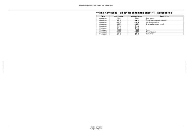 May include: A white page with the title "Wiring harnesses - Electrical schematic sheet 11 - Accessories". The page contains a table with columns for Type, Component, Connection, and Description, detailing electrical connectors and their functions.