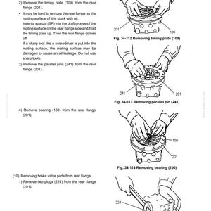 May include: Technical diagram illustrating the disassembly of a rear flange. The image shows hands using tools to remove parts like the timing plate, parallel pins, bearing, and plugs. The diagram includes labels and figures for each step.
