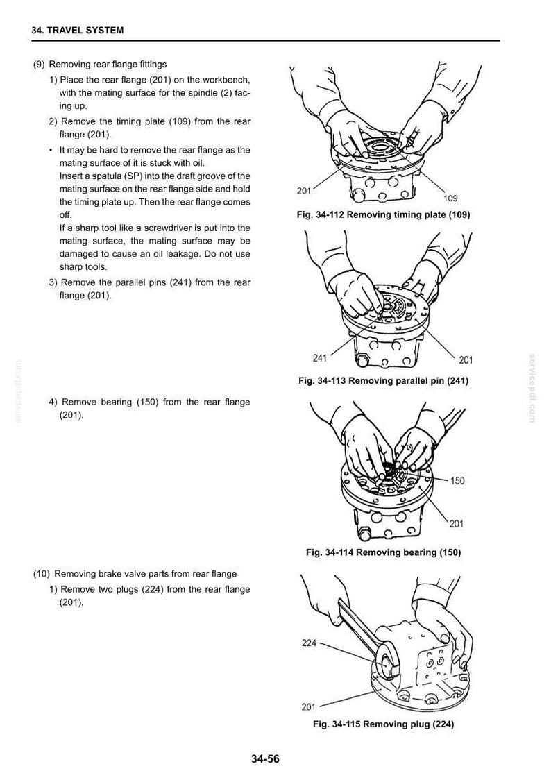 May include: Technical diagram illustrating the disassembly of a rear flange. The image shows hands using tools to remove parts like the timing plate, parallel pins, bearing, and plugs. The diagram includes labels and figures for each step.