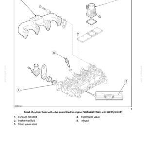May include: Diagram of engine components, including exhaust manifold, intake manifold, and thermostat valve. The image is a detailed technical illustration with labels and callouts, showing the cylinder head assembly.