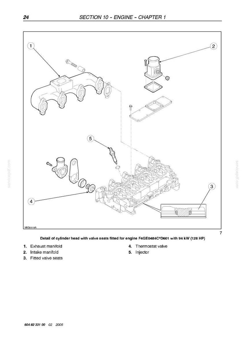 May include: Diagram of engine components, including exhaust manifold, intake manifold, and thermostat valve. The image is a detailed technical illustration with labels and callouts, showing the cylinder head assembly.