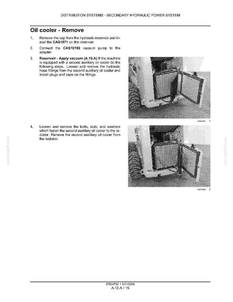 May include: Diagram of a secondary hydraulic power system, detailing the removal of an oil cooler. The image includes step-by-step instructions and diagrams, with text such as "Oil cooler - Remove" and part numbers like "CAS10192".