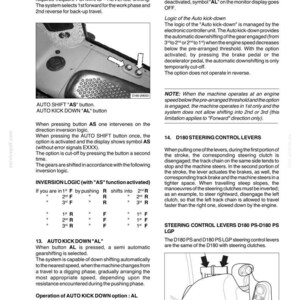 K&ouml;nnte beinhalten: Eine technische Handbuchseite f&uuml;r D180-Maschinen mit zwei schwarz-wei&szlig;en Diagrammen. Das obere Bild zeigt die AUTO SHIFT AS-Taste und die AUTO KICK DOWN AL-Taste. Das untere Bild veranschaulicht die Lenkhebel mit Pfeilen.