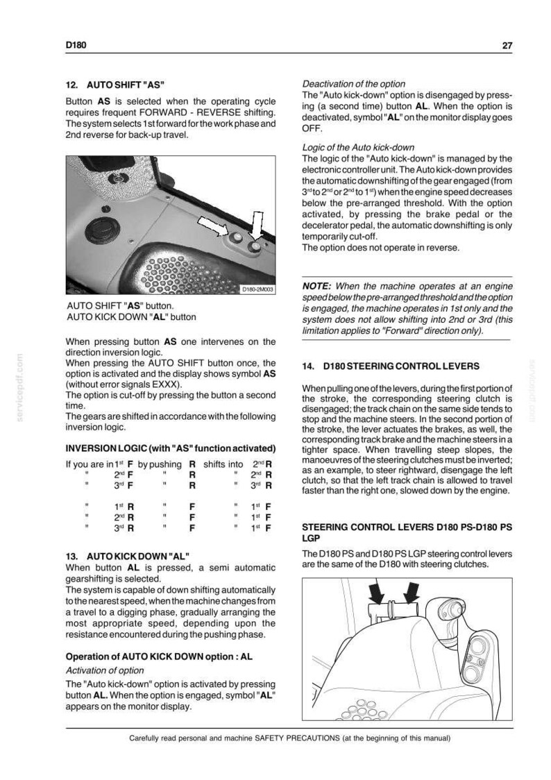 K&ouml;nnte beinhalten: Eine technische Handbuchseite f&uuml;r D180-Maschinen mit zwei schwarz-wei&szlig;en Diagrammen. Das obere Bild zeigt die AUTO SHIFT AS-Taste und die AUTO KICK DOWN AL-Taste. Das untere Bild veranschaulicht die Lenkhebel mit Pfeilen.