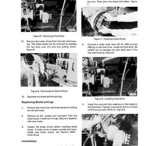 May include: Black and white technical manual page with diagrams and instructions for automotive brake repair. Figures show steps like removing and installing brake shoes, and tightening final drive nuts. Text includes measurements in foot-pounds.