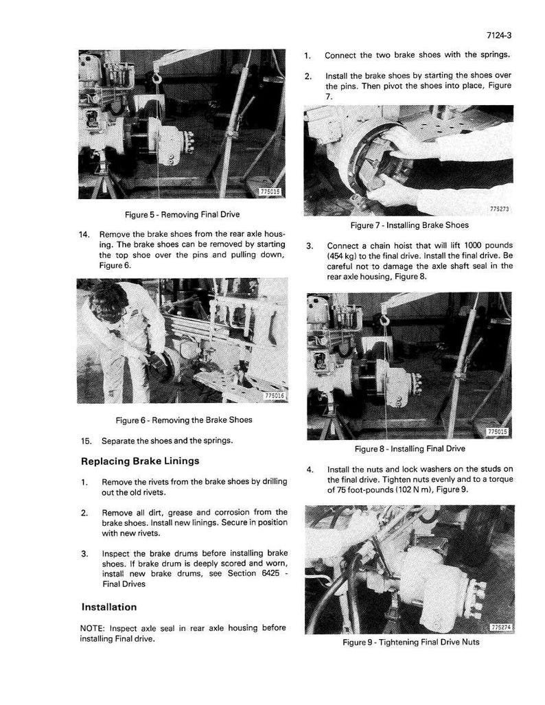May include: Black and white technical manual page with diagrams and instructions for automotive brake repair. Figures show steps like removing and installing brake shoes, and tightening final drive nuts. Text includes measurements in foot-pounds.