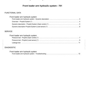 May include: A white document titled "Contents" with the heading "Hydraulic systems - 35." The document lists sections on front loader arm hydraulic systems, including functional data, service, and diagnostic information. Text includes "Propilot System" and "Load sensor."