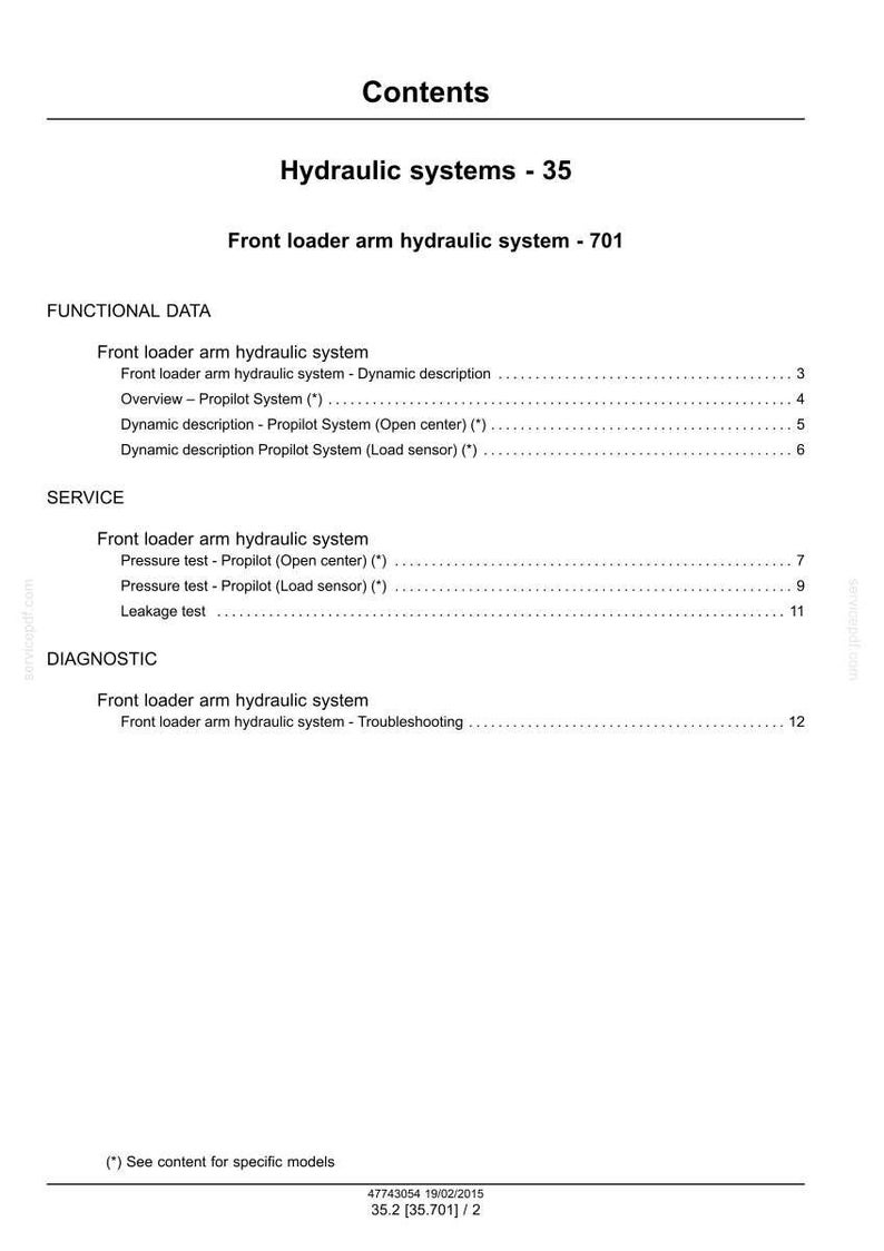 May include: A white document titled "Contents" with the heading "Hydraulic systems - 35." The document lists sections on front loader arm hydraulic systems, including functional data, service, and diagnostic information. Text includes "Propilot System" and "Load sensor."