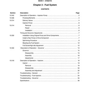May include: A white printed page from a manual, titled "SECTION 10 - ENGINE SYSTEMS." The table of contents lists sections on fuel systems, including injection pumps, delivery valves, and injectors. The page number is 9.