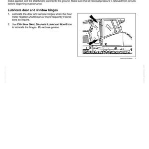 May include: Diagram of a machine's door and window, with arrows indicating lubrication points. Text includes instructions for lubricating hinges, referencing CNH IRON GARD GRAPHITE LUBRICANT NON-STICK. The page is labeled '7 - MAINTENANCE'.