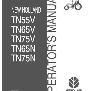 Pu&ograve; includere: Un manuale dell'operatore New Holland per i modelli di trattore TN55V, TN65V, TN75V, TN65N e TN75N. La copertina presenta un pannello verticale grigio scuro con testo bianco, un disegno al tratto di un trattore e il logo New Holland. I codici 86620310 e 603.64.501.00 sono stampati in basso.