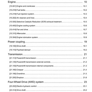 May include: A page from a manual with the title "Contents" at the top. The page lists various engine and transmission components, including fuel tanks, drive shafts, and cooling systems. The document is dated 26/09/2014.