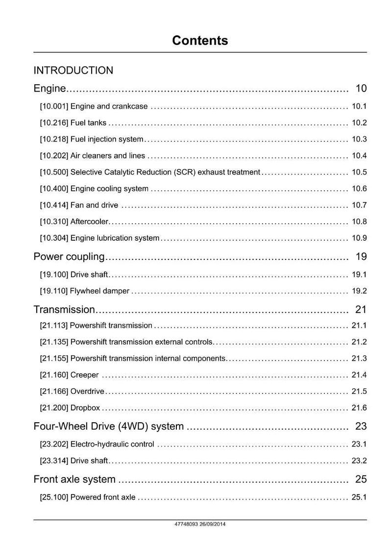 May include: A page from a manual with the title "Contents" at the top. The page lists various engine and transmission components, including fuel tanks, drive shafts, and cooling systems. The document is dated 26/09/2014.