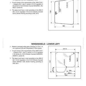 May include: Diagram of a windshield with dimensions in millimeters. The top section shows a rectangular shape, 1381 mm high and 962 mm wide, with a manufacturer's logo. The lower section shows a more complex shape with multiple measurements.