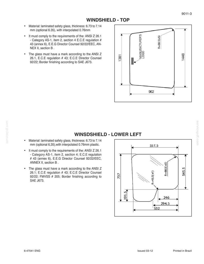 May include: Diagram of a windshield with dimensions in millimeters. The top section shows a rectangular shape, 1381 mm high and 962 mm wide, with a manufacturer's logo. The lower section shows a more complex shape with multiple measurements.