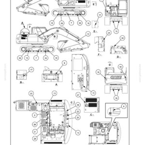 May include: Diagram of an excavator with multiple views and labeled parts. The image includes detailed illustrations of the machinery, with callouts for safety information. The text "2 - SAFETY INFORMATION" is at the top.
