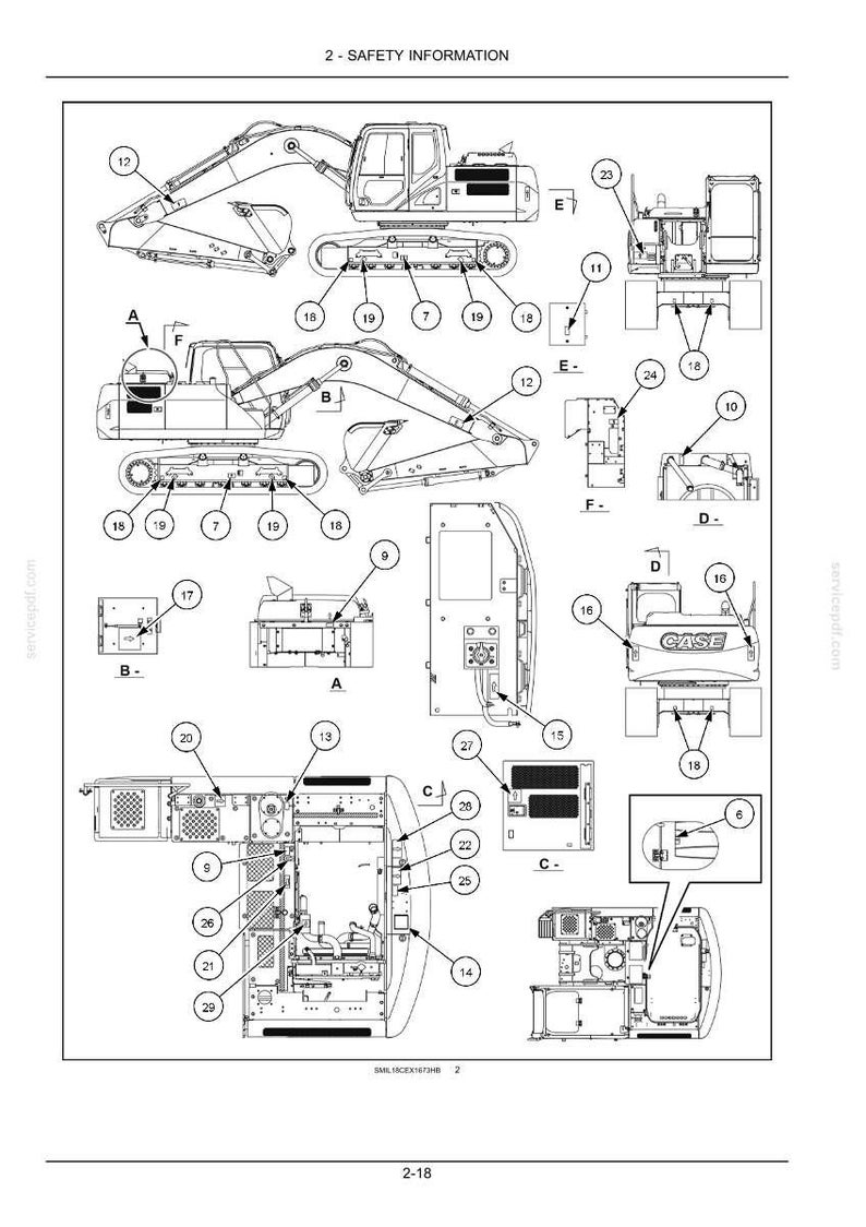May include: Diagram of an excavator with multiple views and labeled parts. The image includes detailed illustrations of the machinery, with callouts for safety information. The text "2 - SAFETY INFORMATION" is at the top.