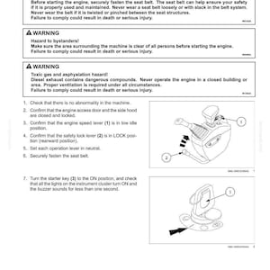 K&ouml;nnte beinhalten: Betriebsanleitung zum Starten eines Motors mit Sicherheitshinweisen. Enth&auml;lt Diagramme der Motorsteuerungen, wie z. B. den Geschwindigkeitshebel, den Sicherheitsverriegelungshebel und den Z&uuml;ndschl&uuml;ssel. Der Text enth&auml;lt Warnungen.