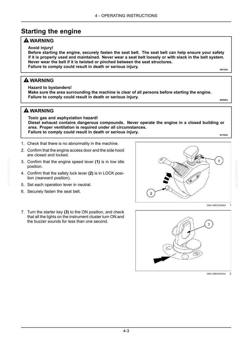 K&ouml;nnte beinhalten: Betriebsanleitung zum Starten eines Motors mit Sicherheitshinweisen. Enth&auml;lt Diagramme der Motorsteuerungen, wie z. B. den Geschwindigkeitshebel, den Sicherheitsverriegelungshebel und den Z&uuml;ndschl&uuml;ssel. Der Text enth&auml;lt Warnungen.