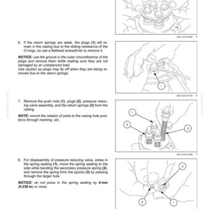 May include: Diagram of hydraulic hand control components with numbered parts. Instructions detail removing plates, plugs, push rods, and springs. Text includes warnings about unbalanced loads and spring seating. Measurements are in inches.