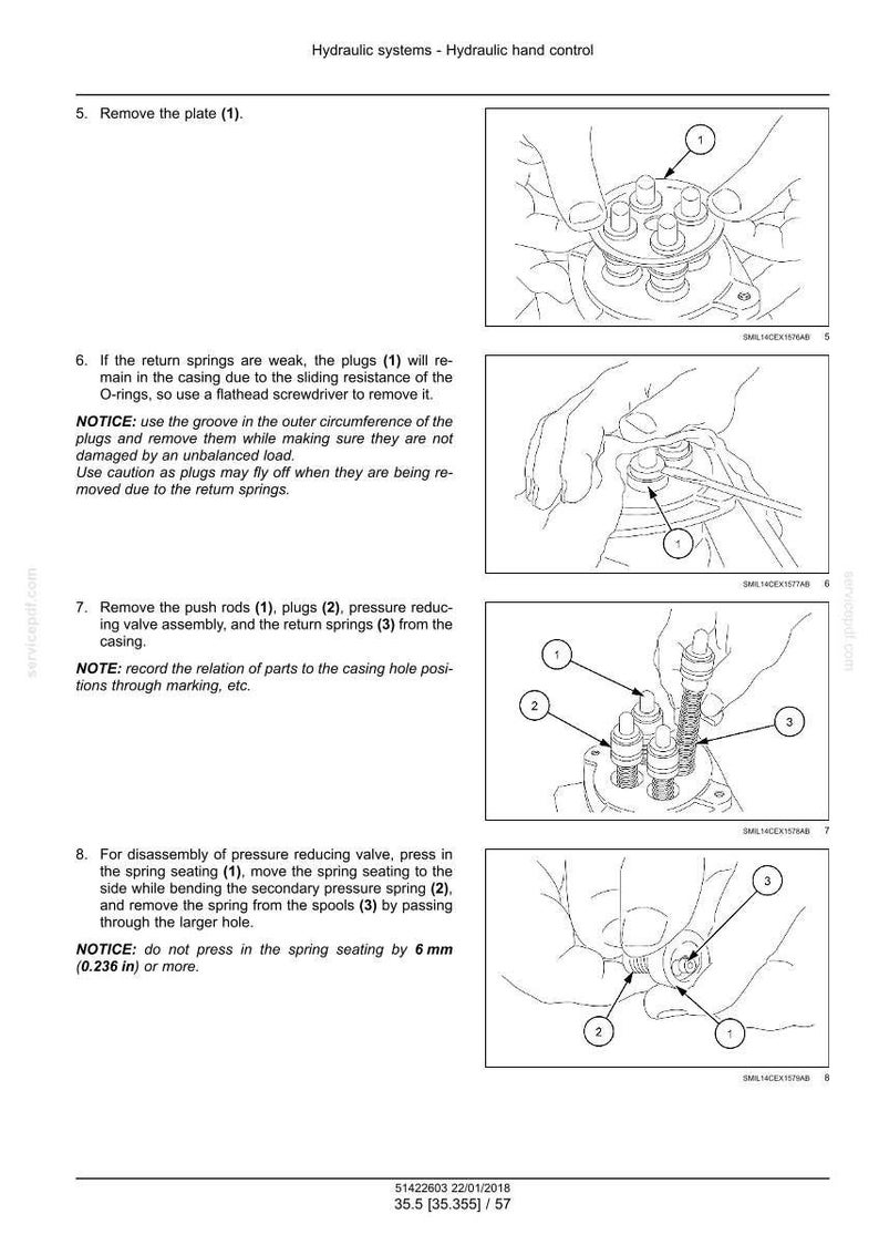 May include: Diagram of hydraulic hand control components with numbered parts. Instructions detail removing plates, plugs, push rods, and springs. Text includes warnings about unbalanced loads and spring seating. Measurements are in inches.