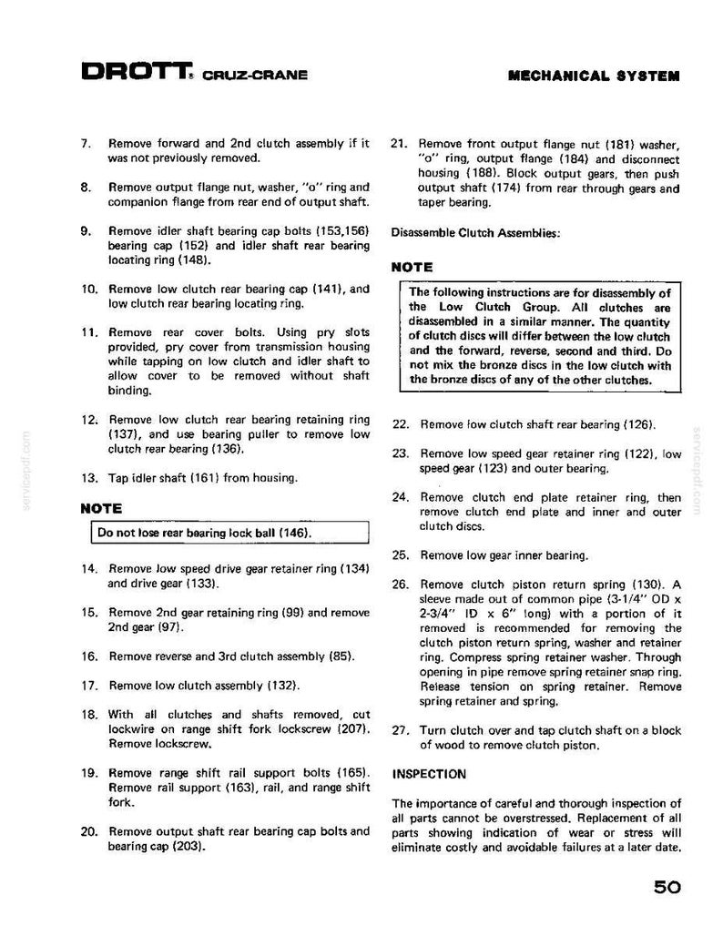 Puede incluir: Una p&aacute;gina del manual del sistema mec&aacute;nico DROTT CRUZ-CRANE, que detalla las instrucciones de desmontaje de los conjuntos de embrague. El texto est&aacute; en fuente negra sobre un fondo blanco, con diagramas y pasos numerados.