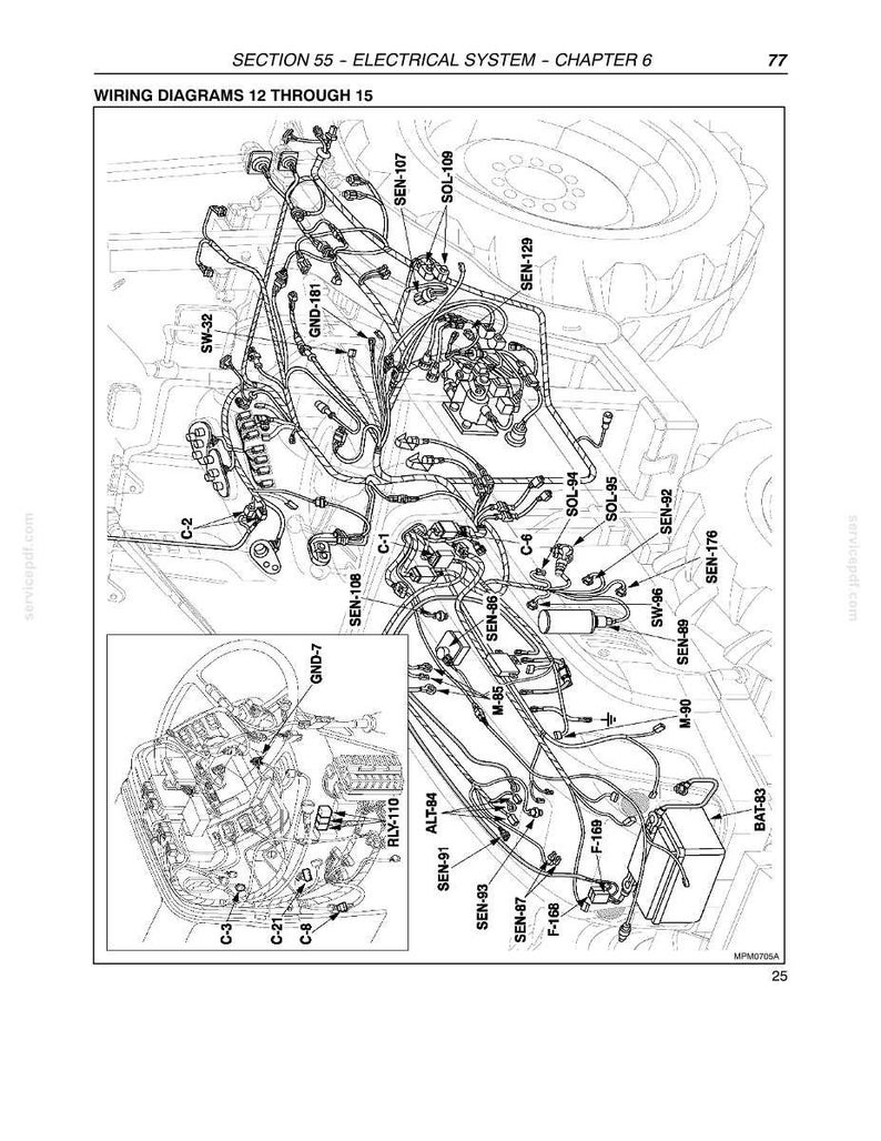 May include: A detailed wiring diagram for an electrical system, featuring numerous wires, connectors, and labeled components. The diagram includes text such as "SECTION 55 - ELECTRICAL SYSTEM - CHAPTER 6" and "WIRING DIAGRAMS 12 THROUGH 15".