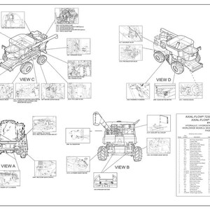 May include: Diagram of an Axial-Flow 7230, 8230, and 9230 combine harvester, with multiple views labeled A, B, C, and D. The diagram includes detailed component locations and a parts list, all in black and white.