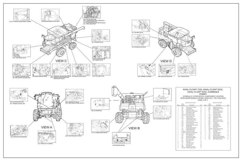 May include: Diagram of an Axial-Flow 7230, 8230, and 9230 combine harvester, with multiple views labeled A, B, C, and D. The diagram includes detailed component locations and a parts list, all in black and white.