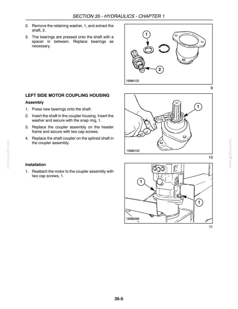 May include: Technical diagram from a manual showing hydraulic system components. The image includes detailed illustrations of parts such as washers, shafts, and couplings, with labels and part numbers for reference. The text provides instructions for assembly and installation.