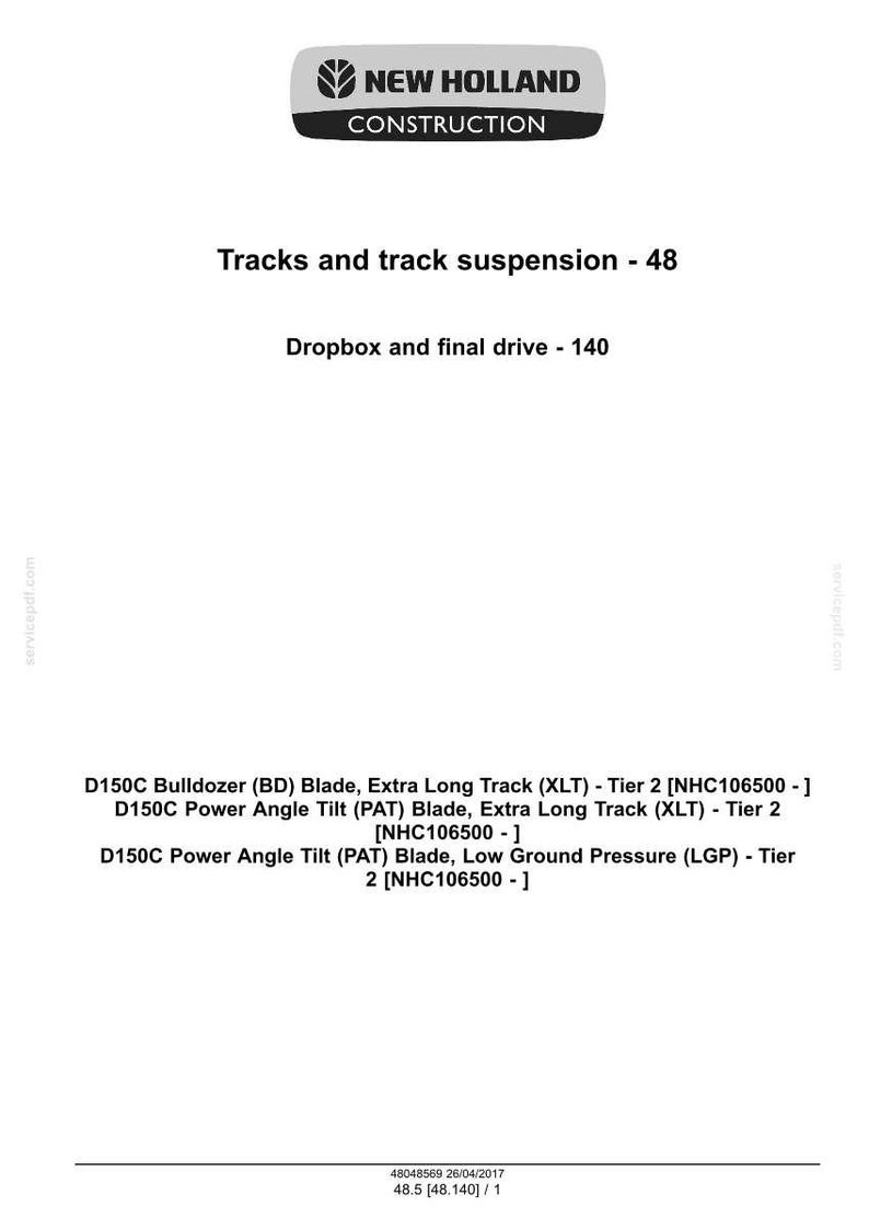May include: A document from New Holland Construction with the company logo at the top. The document lists information about tracks, track suspension, dropbox, and final drive. It also includes details about bulldozer blades and power angle tilt blades.