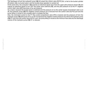 Puede incluir: Un diagrama t&eacute;cnico titulado "NEGATIVE CONTROL CIRCUIT (BUCKET CLOSE, POWER SAVE SOLENOID OFF)". El diagrama explica la operaci&oacute;n de cierre del cuchar&oacute;n, detallando el flujo de aceite hidr&aacute;ulico a trav&eacute;s de varias v&aacute;lvulas y componentes.